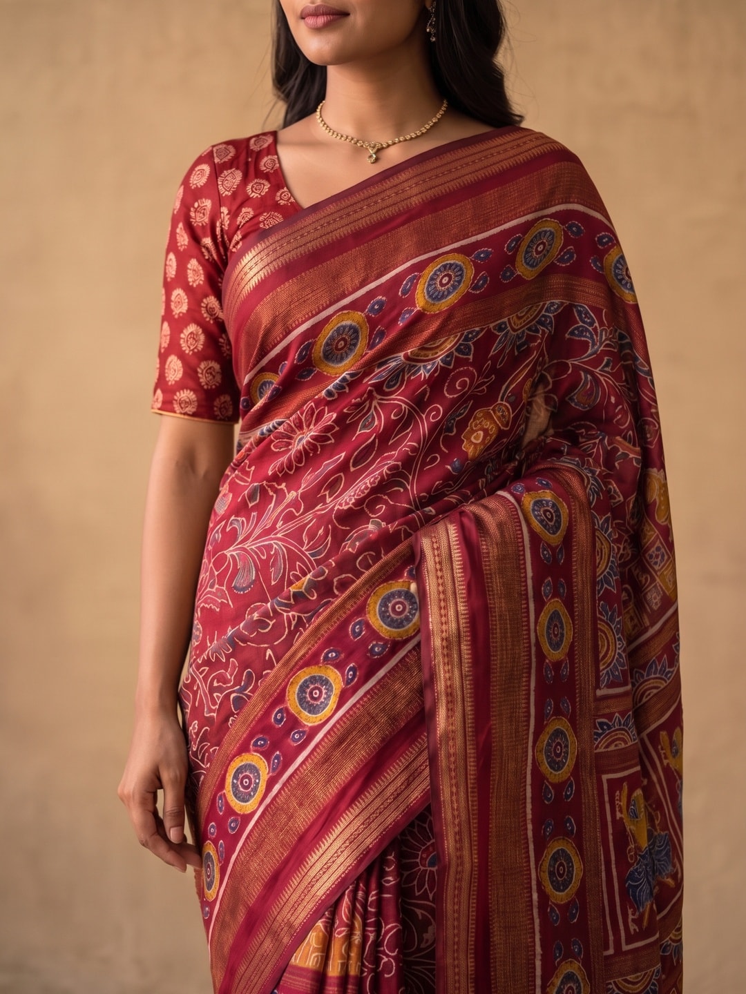 Peachmode Red Maheshwari Silk Viscose Printed Saree With Zari Border And Kalamkari Pallu - Image 5
