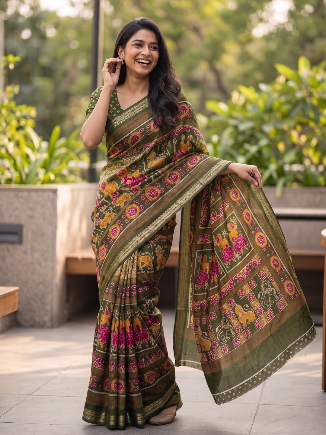 Peachmode Olive Green Maheshwari Silk Viscose Printed Saree With Zari Border And Kalamkari Pallu - Image 4