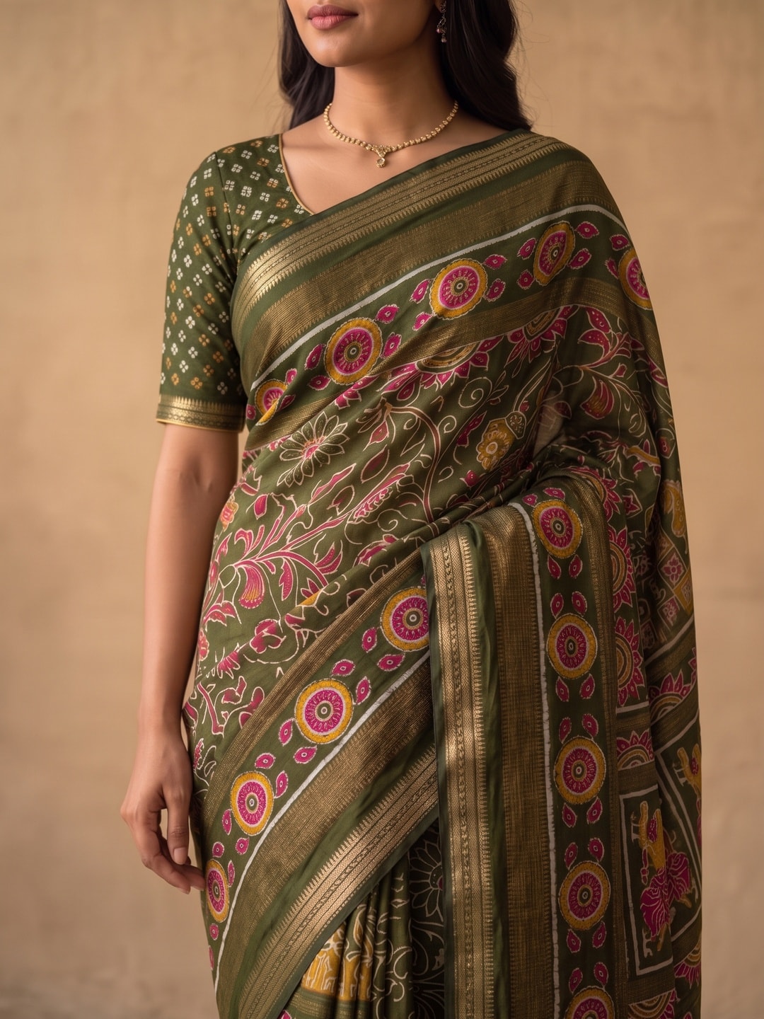 Peachmode Olive Green Maheshwari Silk Viscose Printed Saree With Zari Border And Kalamkari Pallu - Image 5