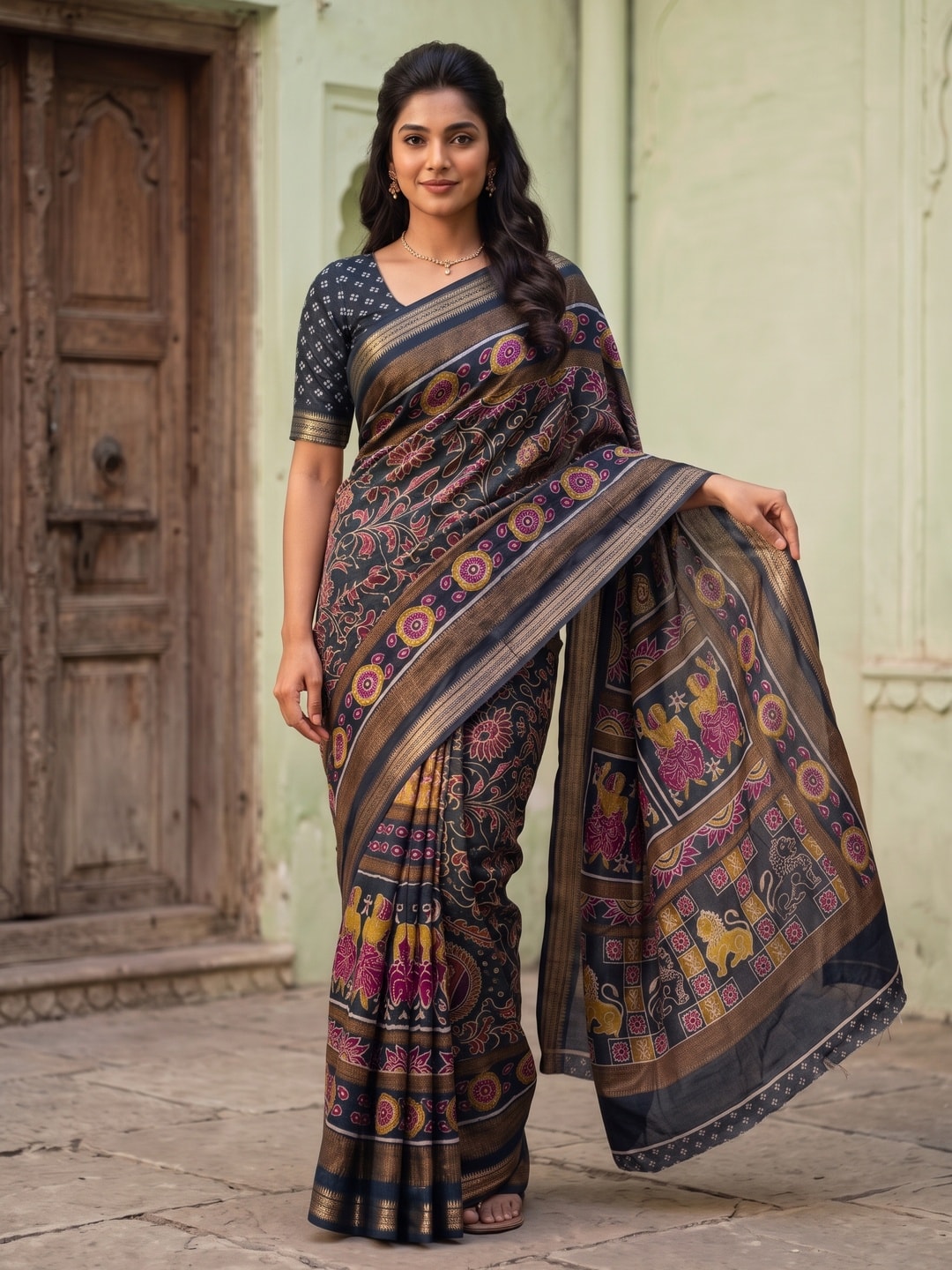 Peachmode Black Maheshwari Silk Viscose Printed Saree With Zari Border And Kalamkari Pallu - Image 1