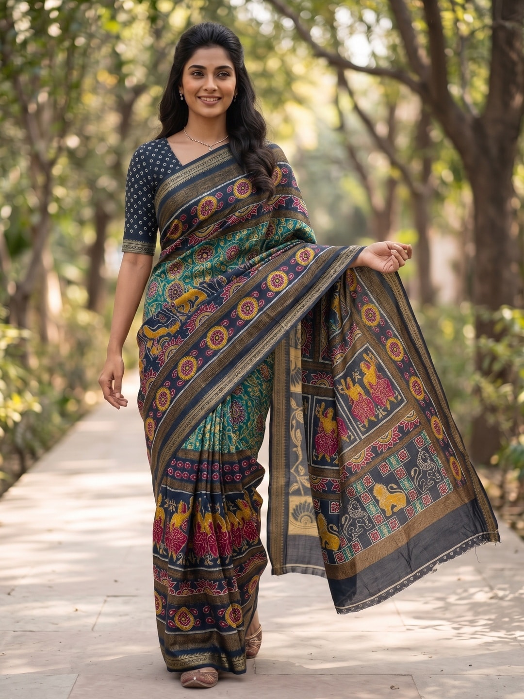 Peachmode Black Maheshwari Silk Viscose Printed Saree With Zari Border And Kalamkari Pallu - Image 3