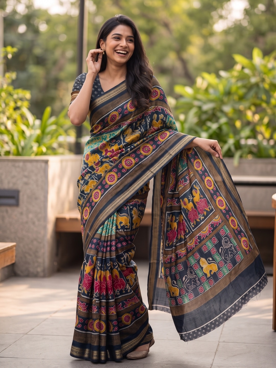 Peachmode Black Maheshwari Silk Viscose Printed Saree With Zari Border And Kalamkari Pallu - Image 4