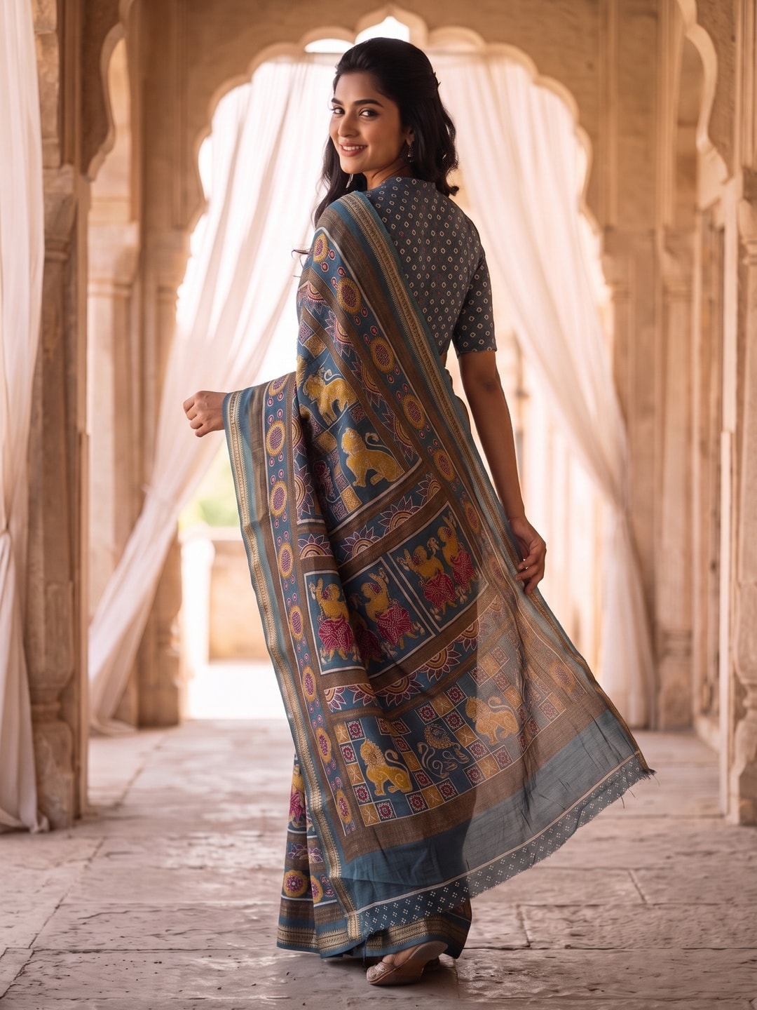 Peachmode Grey Maheshwari Silk Viscose Printed Saree With Zari Border And Kalamkari Pallu - Image 2