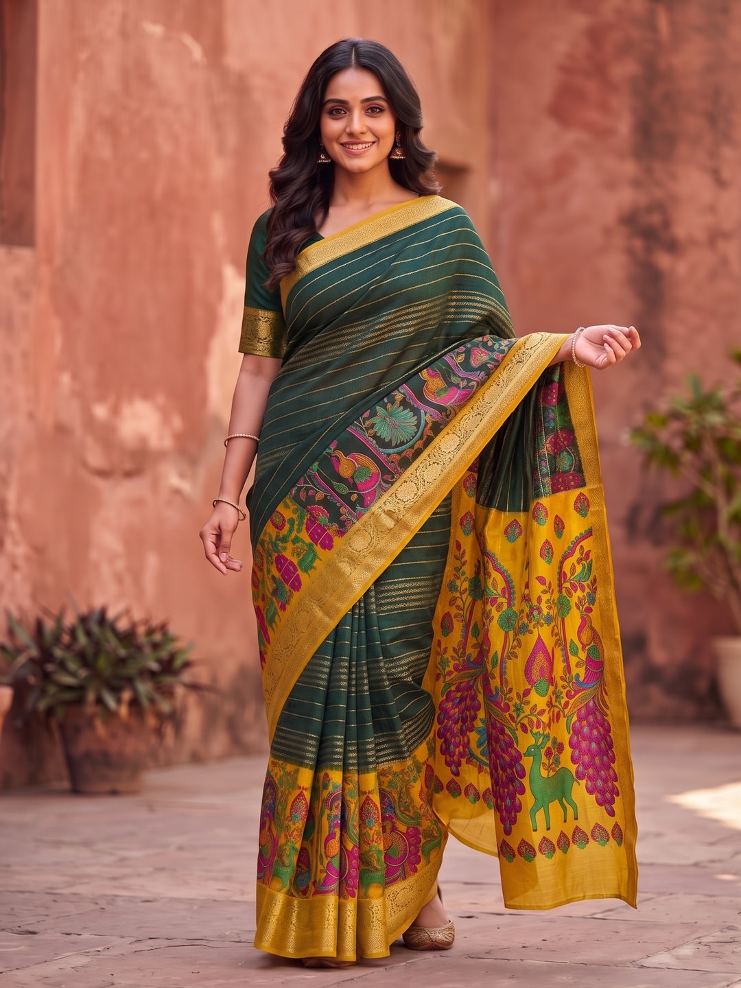 Peachmode Bottle Green Semi Kanchi Pure Cotton Feel Zari Weaving Line Butti Saree With Kalamkari Peacock Pallu - Image 1