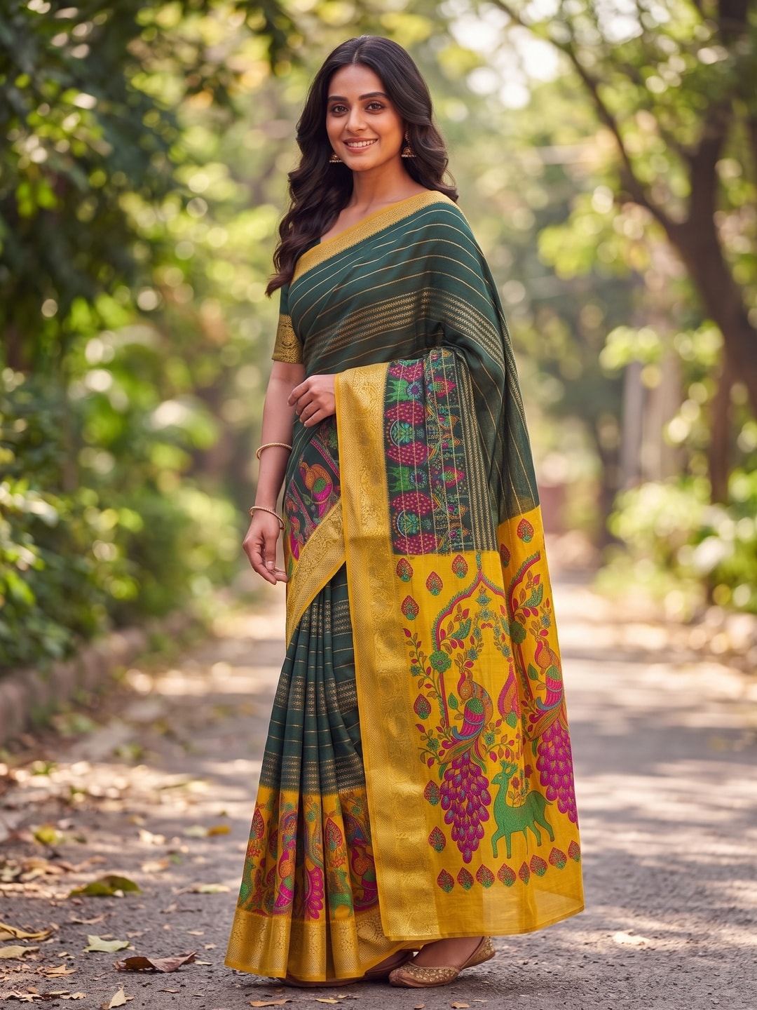 Peachmode Bottle Green Semi Kanchi Pure Cotton Feel Zari Weaving Line Butti Saree With Kalamkari Peacock Pallu - Image 3