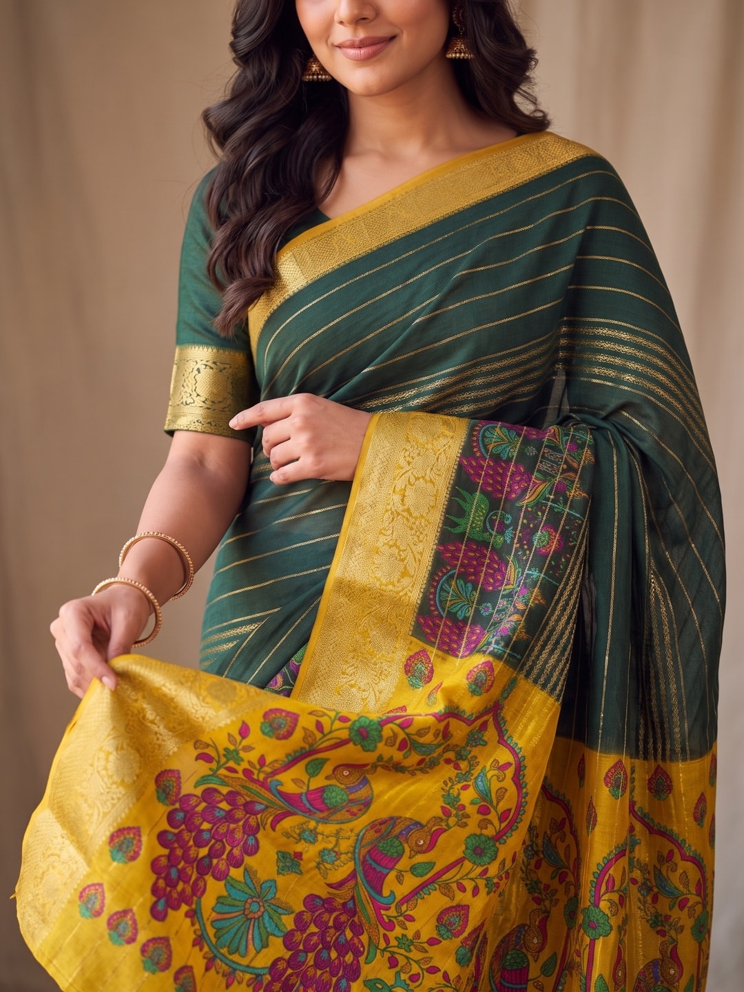 Peachmode Bottle Green Semi Kanchi Pure Cotton Feel Zari Weaving Line Butti Saree With Kalamkari Peacock Pallu - Image 5