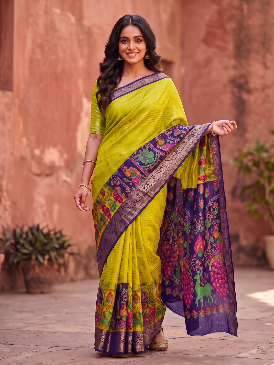 Peachmode Lime Green Semi Kanchi Pure Cotton Feel Zari Weaving Line Butti Saree With Kalamkari Peacock Pallu - Image 1