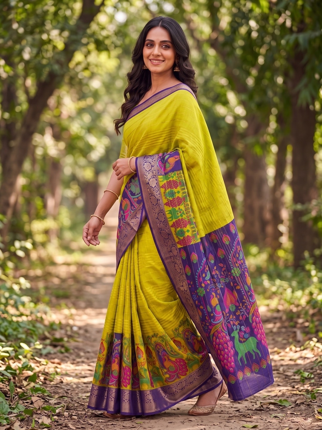 Peachmode Lime Green Semi Kanchi Pure Cotton Feel Zari Weaving Line Butti Saree With Kalamkari Peacock Pallu - Image 3