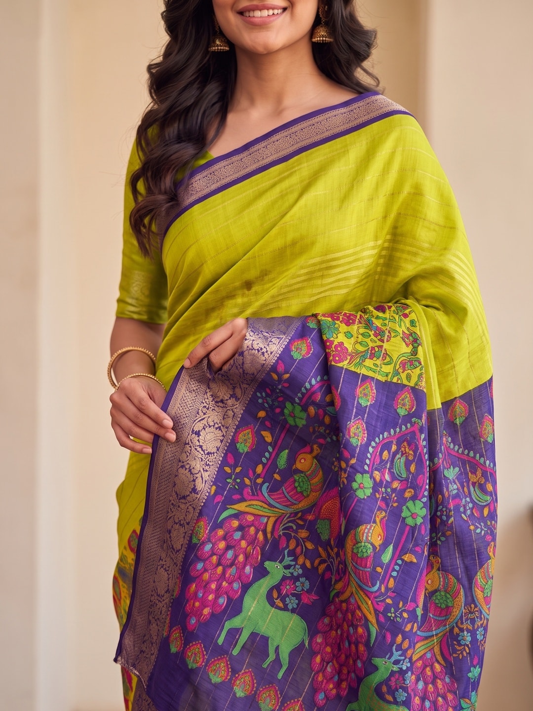 Peachmode Lime Green Semi Kanchi Pure Cotton Feel Zari Weaving Line Butti Saree With Kalamkari Peacock Pallu - Image 5