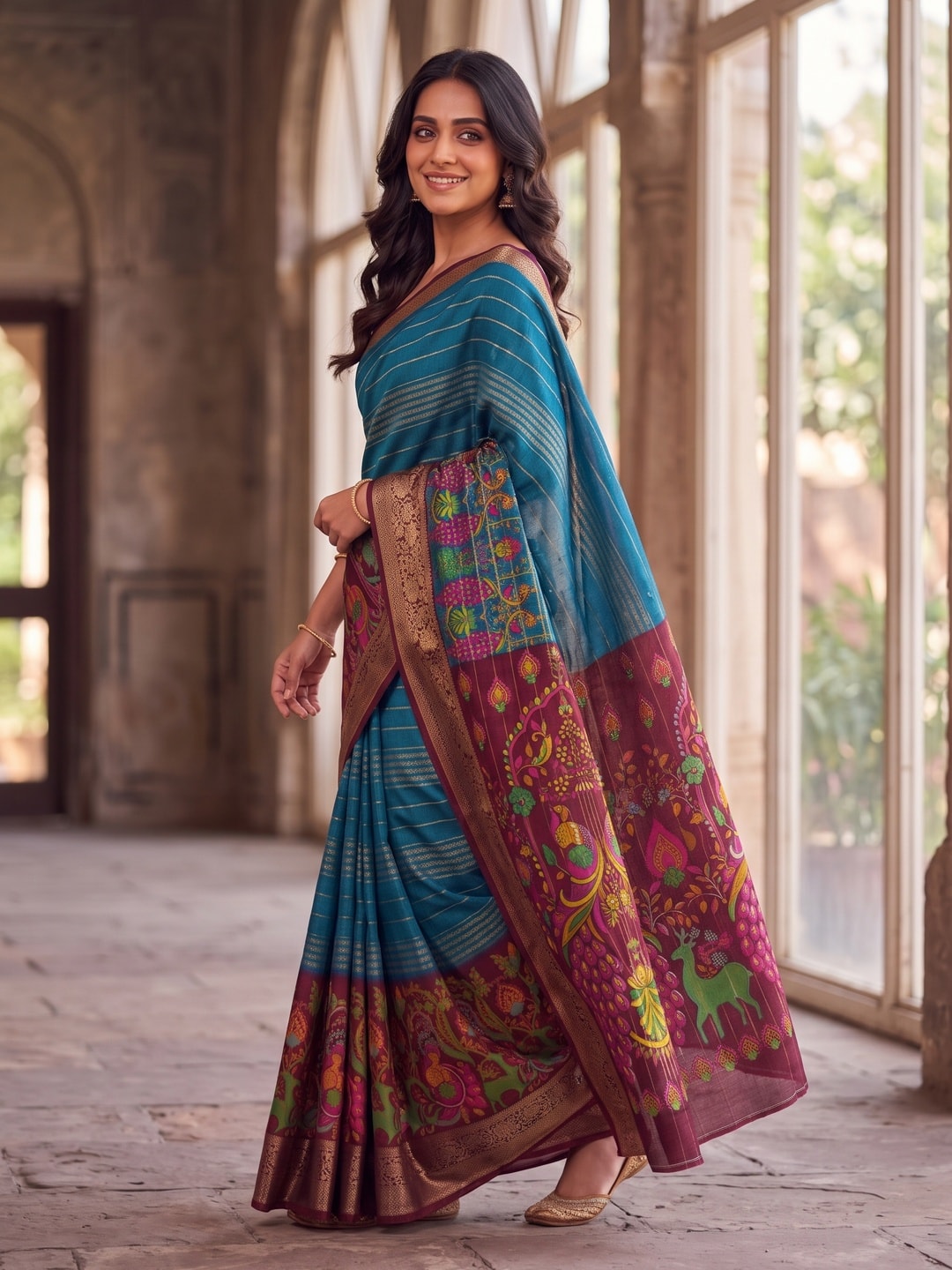 Peachmode Teal Semi Kanchi Pure Cotton Feel Zari Weaving Line Butti Saree With Kalamkari Peacock Pallu - Image 3