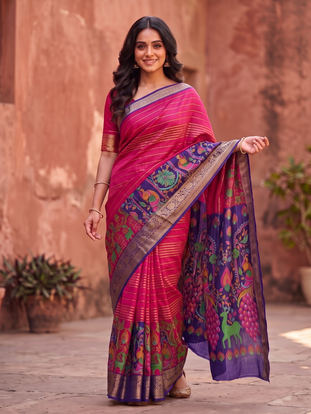 Peachmode Rani Semi Kanchi Pure Cotton Feel Zari Weaving Line Butti Saree With Kalamkari Peacock Pallu - Image 1