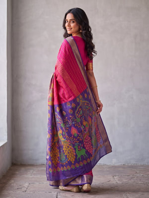 Peachmode Rani Semi Kanchi Pure Cotton Feel Zari Weaving Line Butti Saree With Kalamkari Peacock Pallu - Image 2