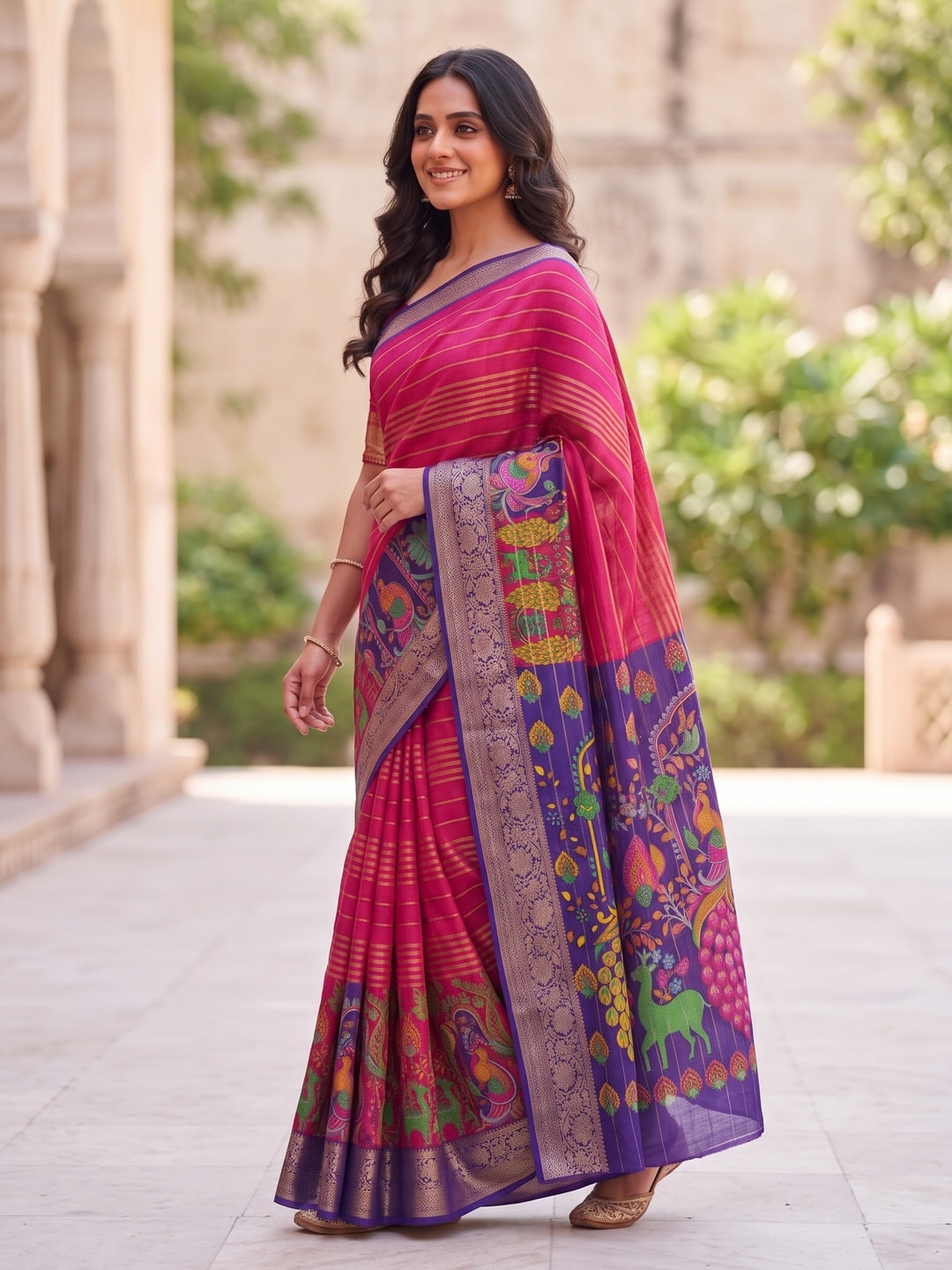 Peachmode Rani Semi Kanchi Pure Cotton Feel Zari Weaving Line Butti Saree With Kalamkari Peacock Pallu - Image 3