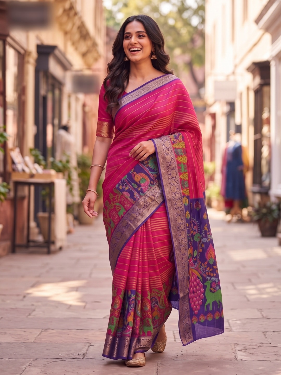 Peachmode Rani Semi Kanchi Pure Cotton Feel Zari Weaving Line Butti Saree With Kalamkari Peacock Pallu - Image 4