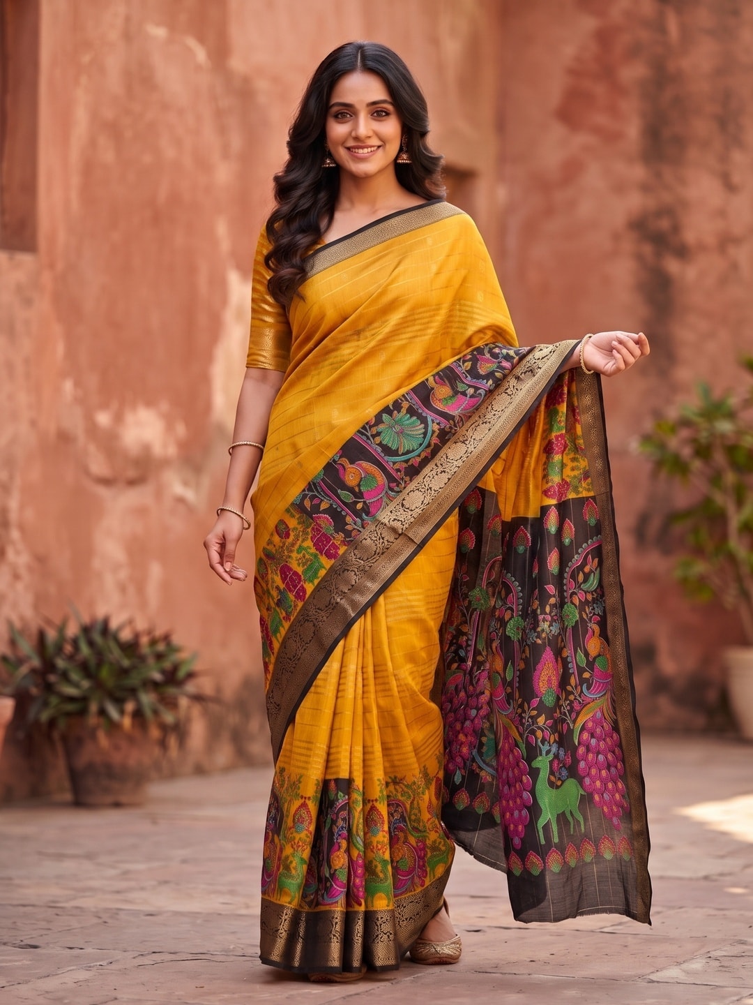 Peachmode Yellow Semi Kanchi Pure Cotton Feel Zari Weaving Line Butti Saree With Kalamkari Peacock Pallu - Image 1