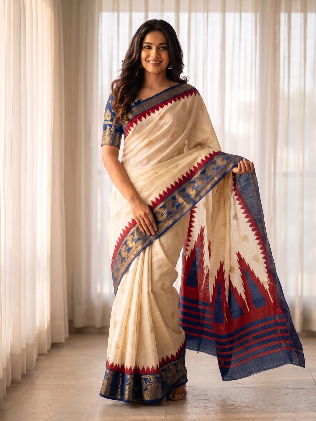 Peachmode Cream & Navy Blue Semi Kanchi Pure Cotton Feel Zari Weaving Line Butti Saree With Temple Design - Image 1