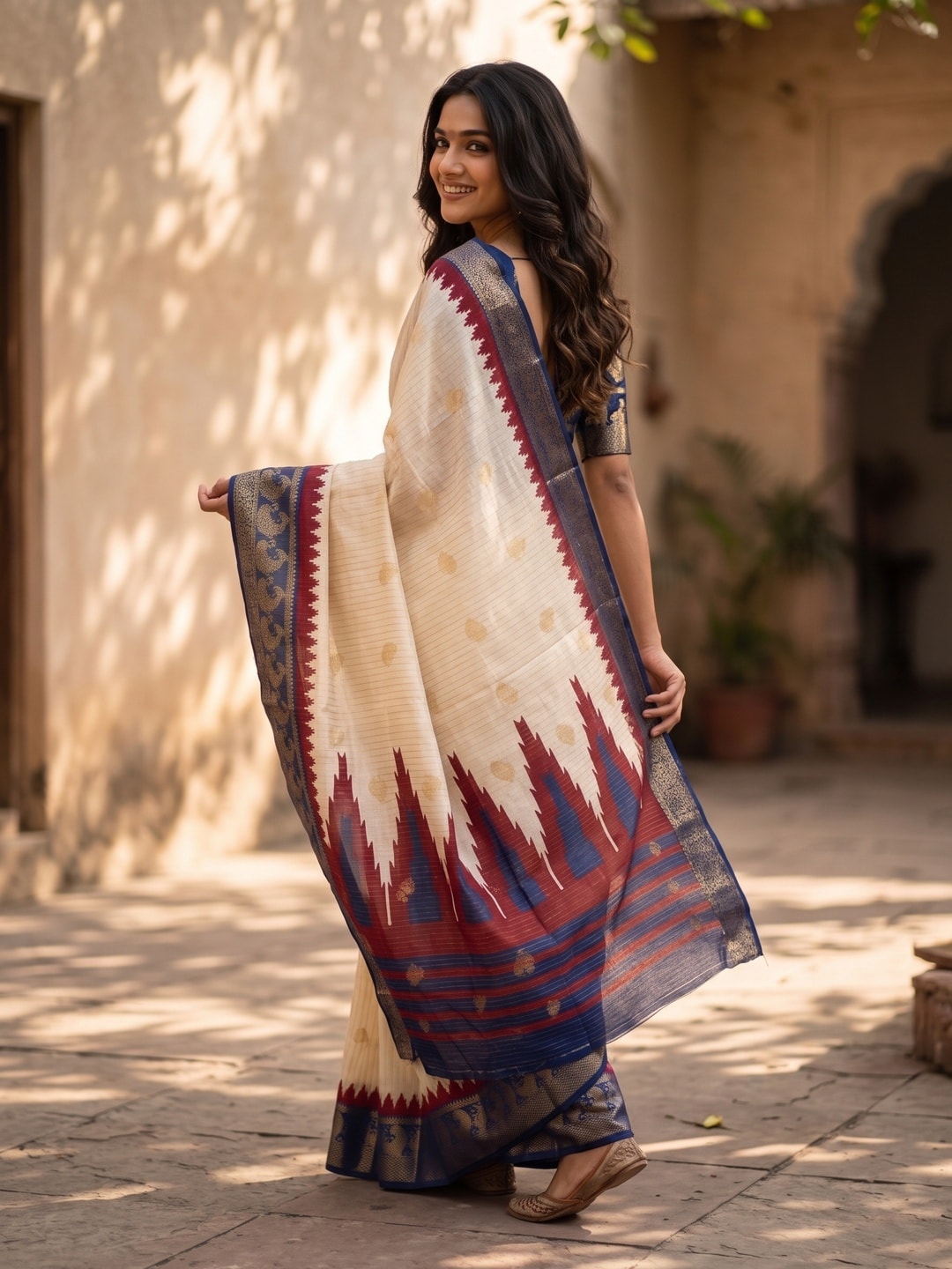 Peachmode Cream & Navy Blue Semi Kanchi Pure Cotton Feel Zari Weaving Line Butti Saree With Temple Design - Image 2