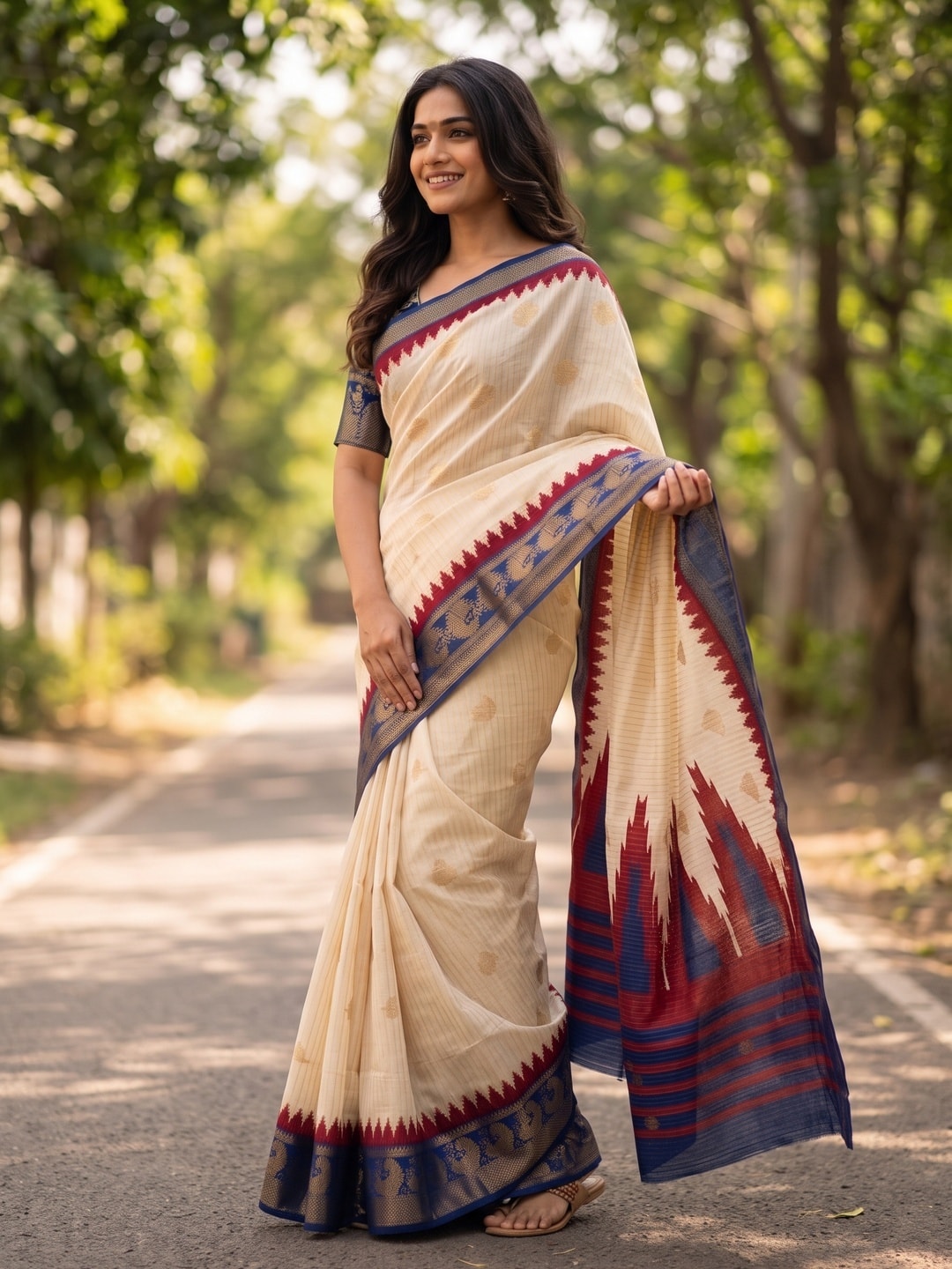 Peachmode Cream & Navy Blue Semi Kanchi Pure Cotton Feel Zari Weaving Line Butti Saree With Temple Design - Image 3