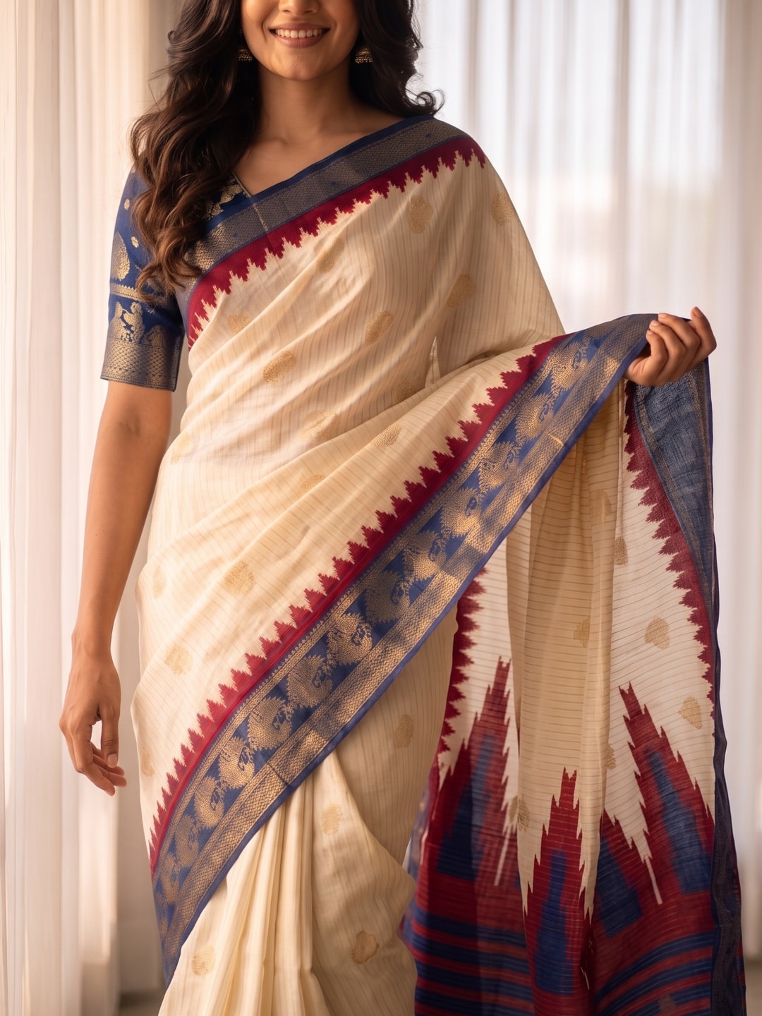 Peachmode Cream & Navy Blue Semi Kanchi Pure Cotton Feel Zari Weaving Line Butti Saree With Temple Design - Image 5