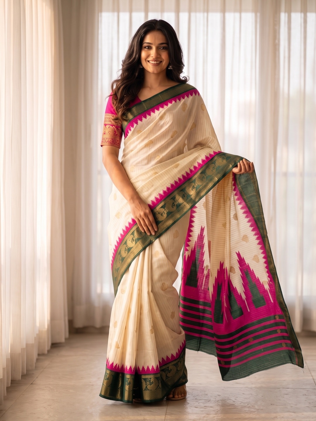 Peachmode Cream & Rani Semi Kanchi Pure Cotton Feel Zari Weaving Line Butti Saree With Temple Design - Image 1