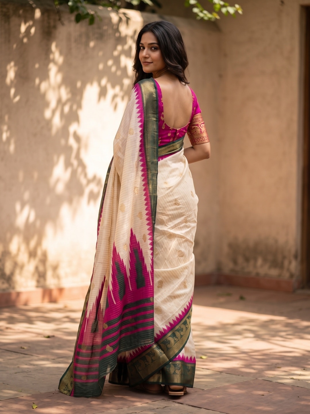 Peachmode Cream & Rani Semi Kanchi Pure Cotton Feel Zari Weaving Line Butti Saree With Temple Design - Image 2