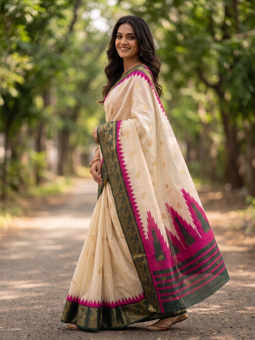 Peachmode Cream & Rani Semi Kanchi Pure Cotton Feel Zari Weaving Line Butti Saree With Temple Design - Image 3