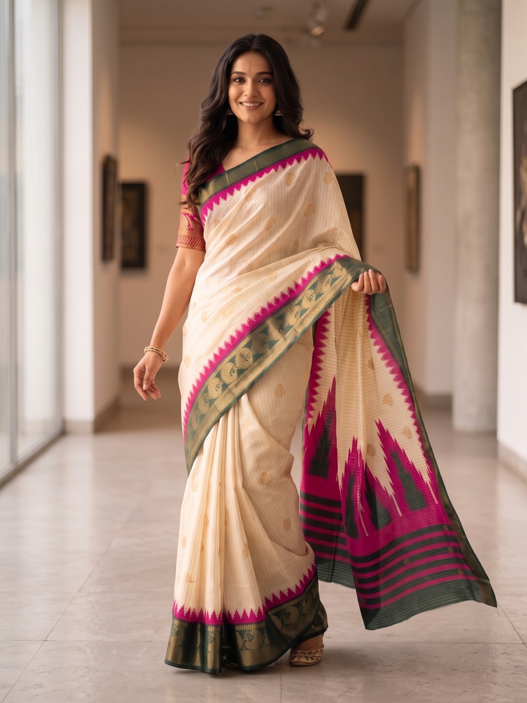 Peachmode Cream & Rani Semi Kanchi Pure Cotton Feel Zari Weaving Line Butti Saree With Temple Design - Image 4