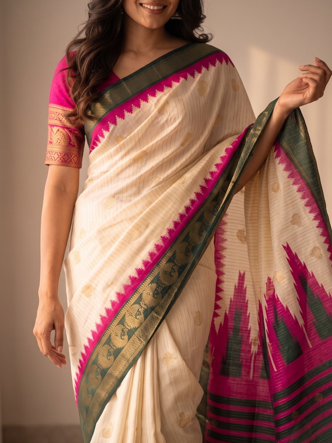 Peachmode Cream & Rani Semi Kanchi Pure Cotton Feel Zari Weaving Line Butti Saree With Temple Design - Image 5