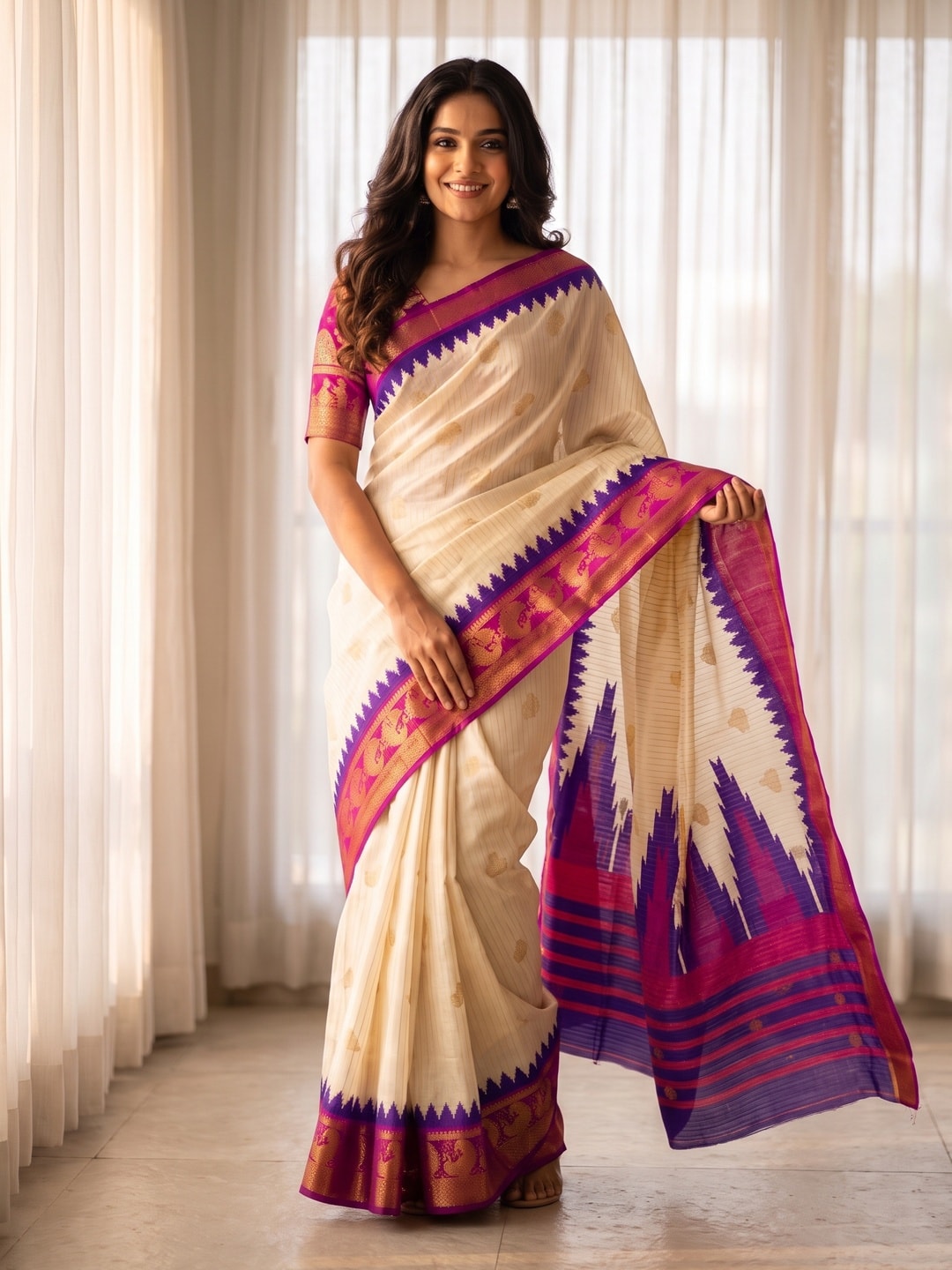 Peachmode Cream & Purple Semi Kanchi Pure Cotton Feel Zari Weaving Line Butti Saree With Temple Design - Image 1