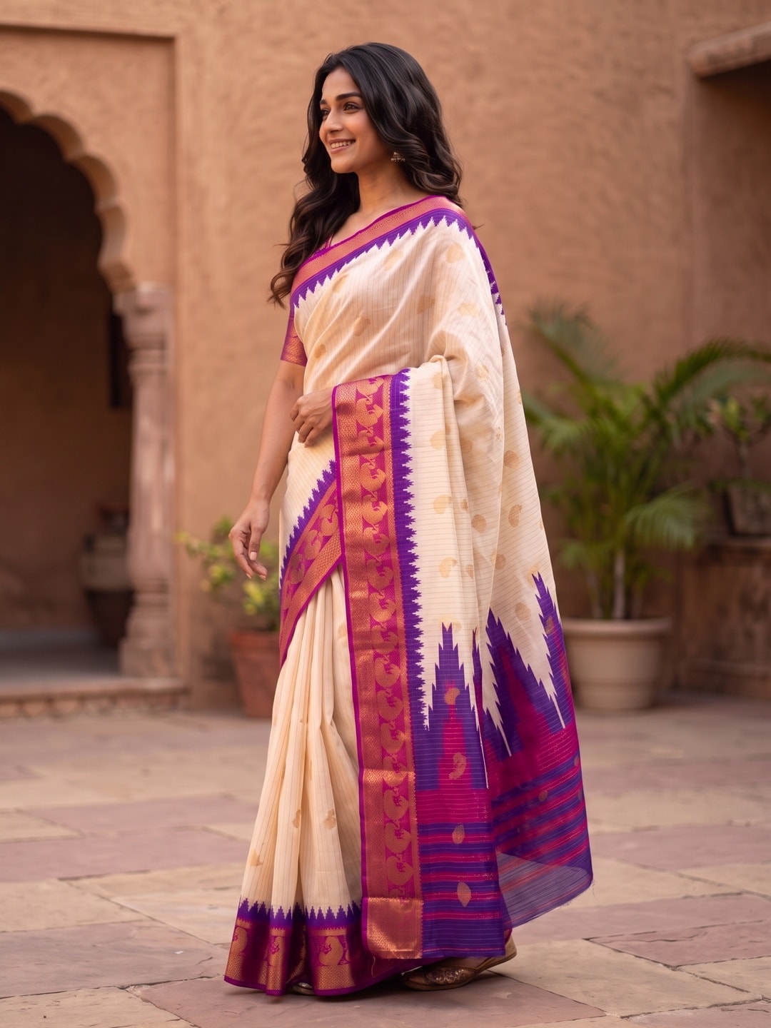 Peachmode Cream & Purple Semi Kanchi Pure Cotton Feel Zari Weaving Line Butti Saree With Temple Design - Image 3
