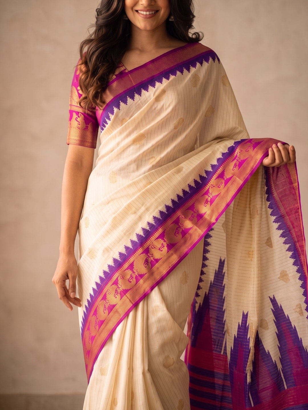 Peachmode Cream & Purple Semi Kanchi Pure Cotton Feel Zari Weaving Line Butti Saree With Temple Design - Image 5