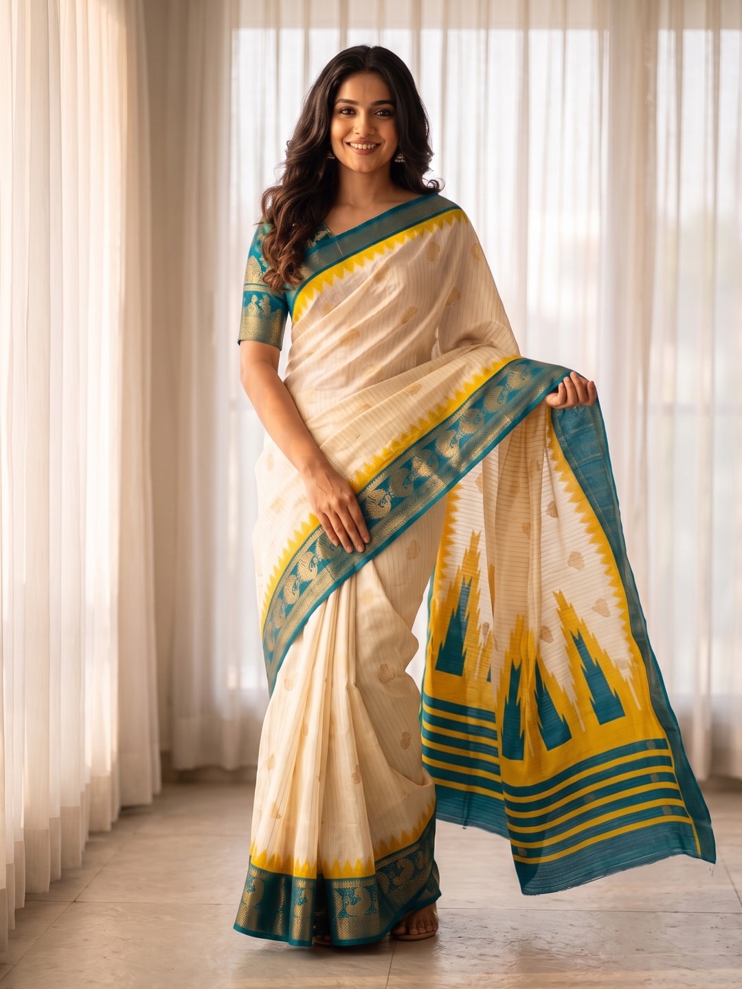 Peachmode Cream & Teal Semi Kanchi Pure Cotton Feel Zari Weaving Line Butti Saree With Temple Design - Image 1