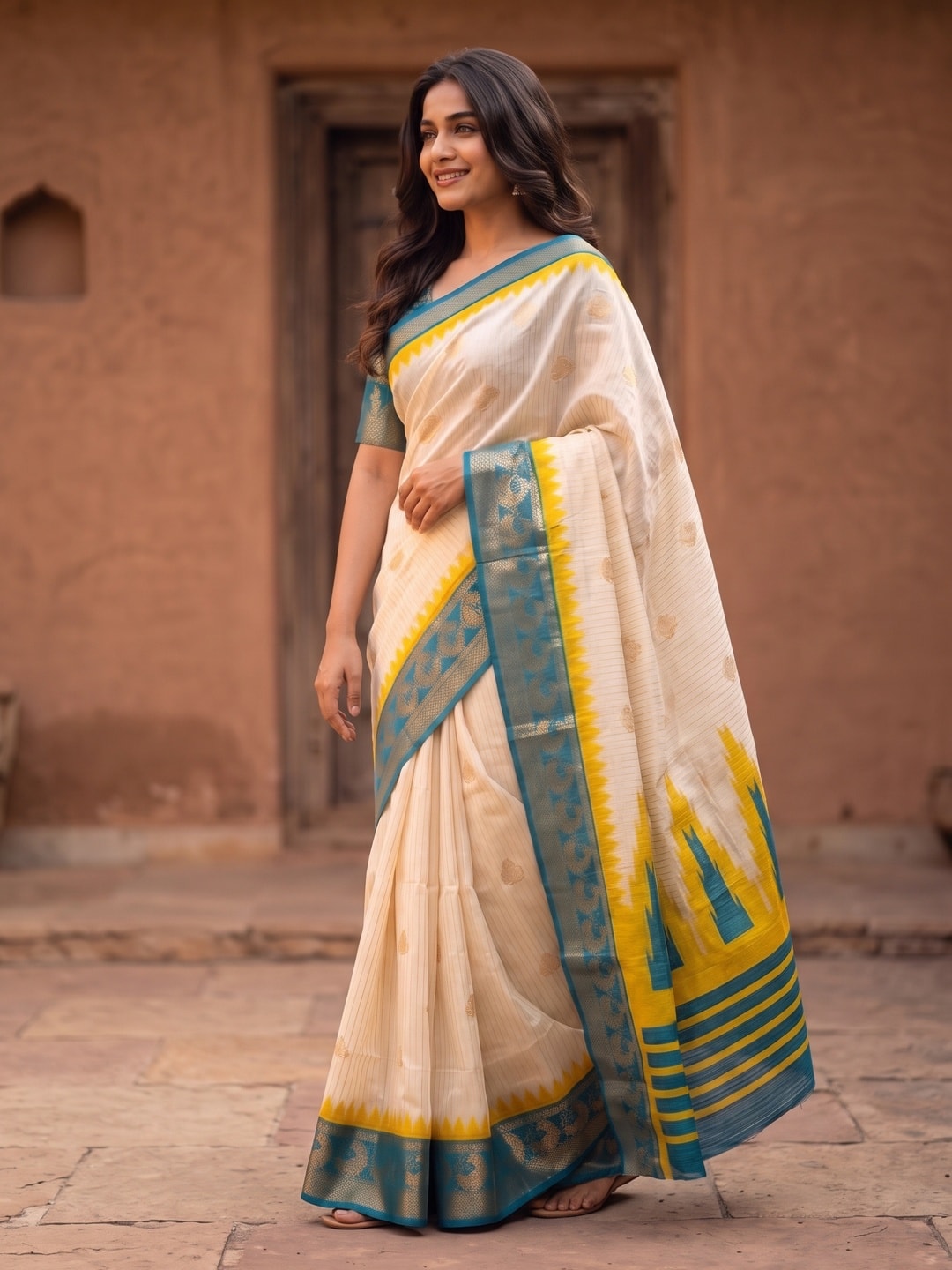 Peachmode Cream & Teal Semi Kanchi Pure Cotton Feel Zari Weaving Line Butti Saree With Temple Design - Image 3