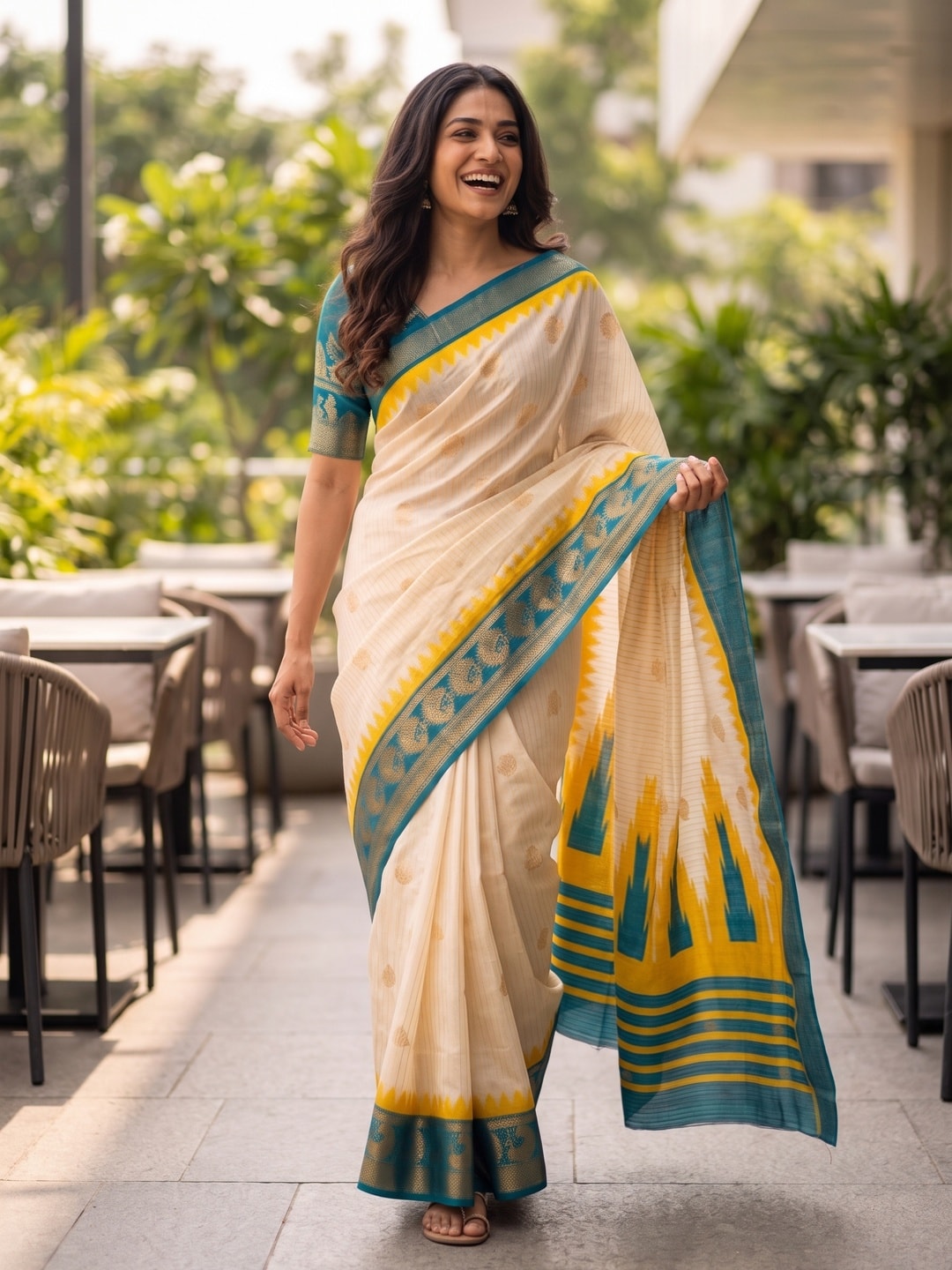Peachmode Cream & Teal Semi Kanchi Pure Cotton Feel Zari Weaving Line Butti Saree With Temple Design - Image 4