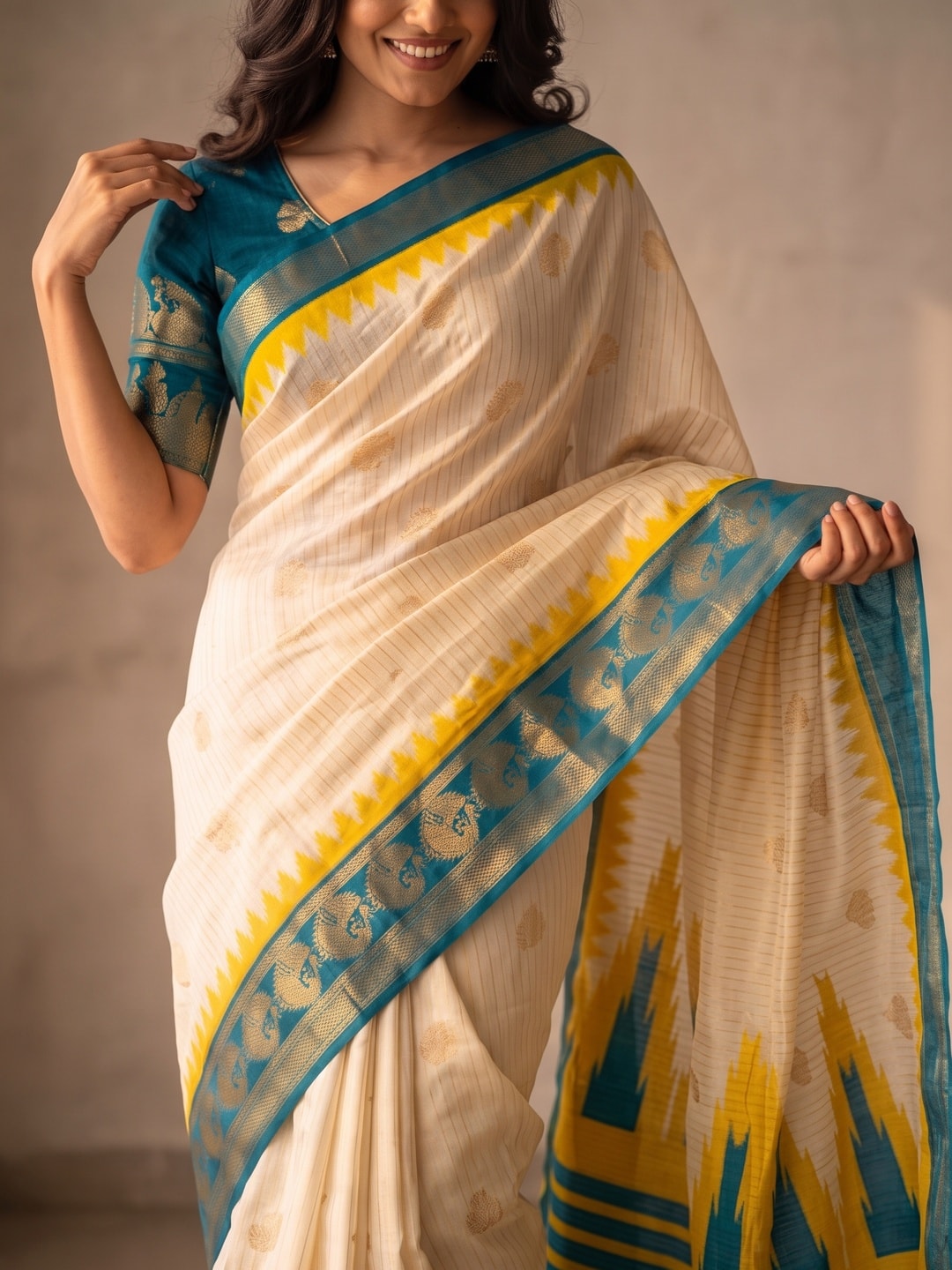 Peachmode Cream & Teal Semi Kanchi Pure Cotton Feel Zari Weaving Line Butti Saree With Temple Design - Image 5