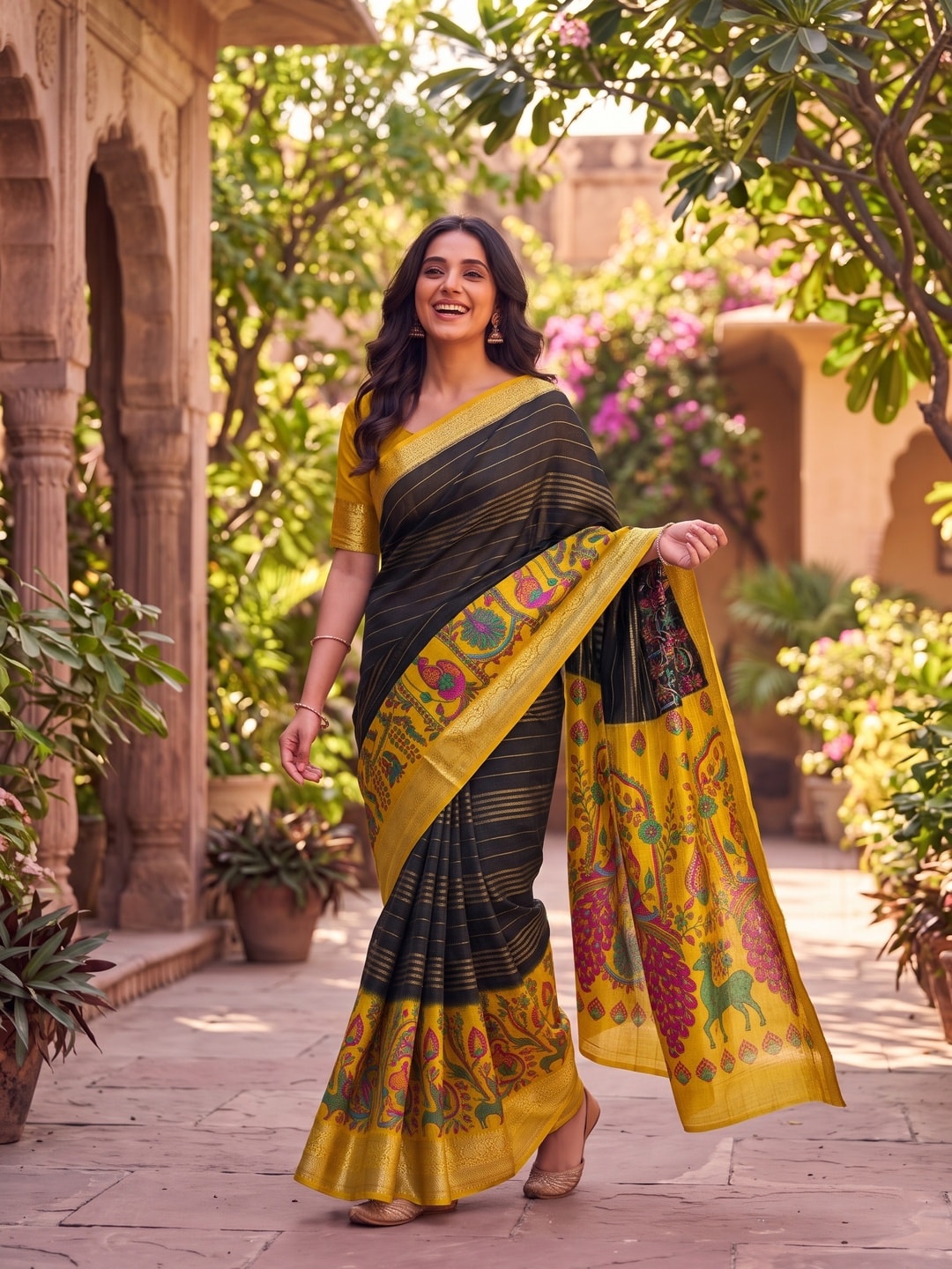 Peachmode Black Semi Kanchi Pure Cotton Feel Zari Weaving Line Butti Saree With Kalamkari Peacock Pallu - Image 4