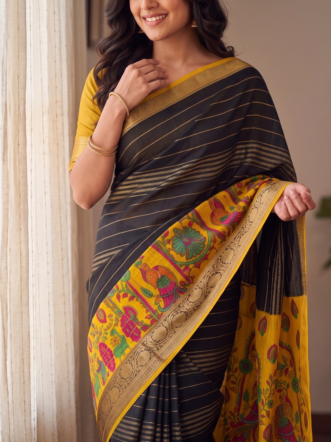 Peachmode Black Semi Kanchi Pure Cotton Feel Zari Weaving Line Butti Saree With Kalamkari Peacock Pallu - Image 5