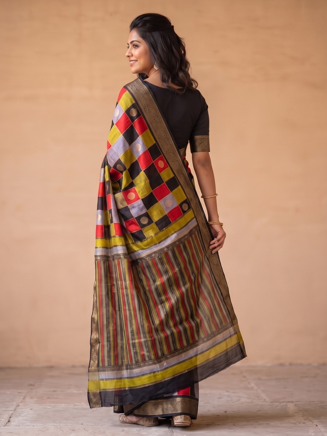 Peachmode Red Marshmallow Self Jacquard Weaving Saree With Fancy Foil Print Multicolour Check Design - Image 2