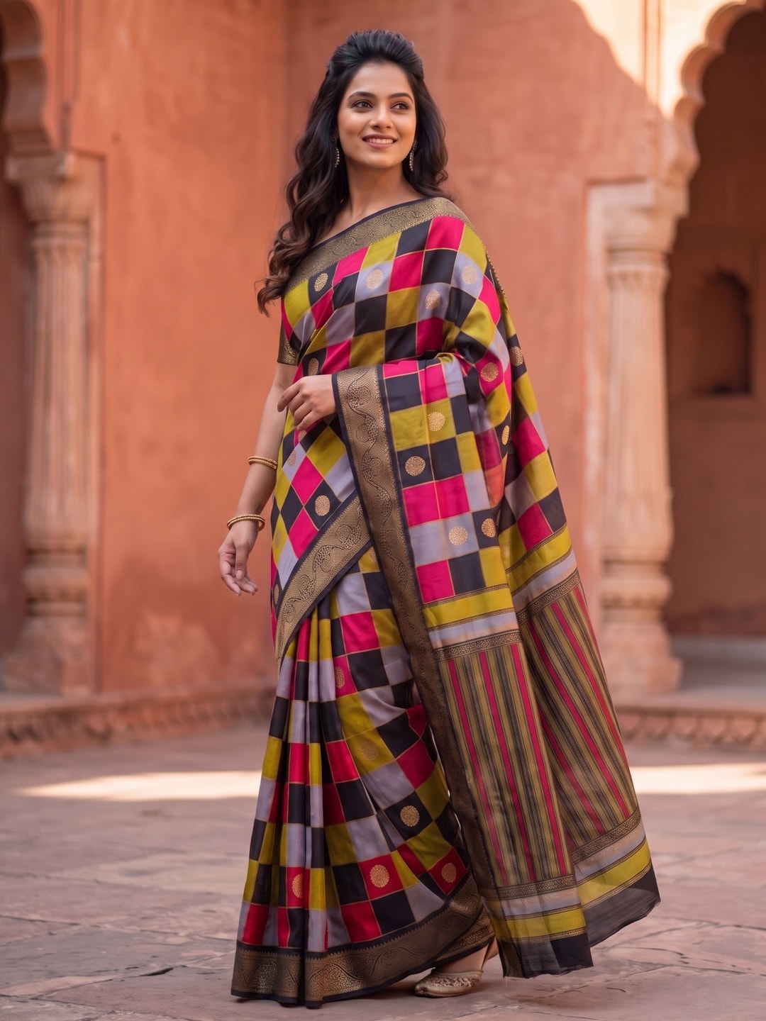 Peachmode Pink Marshmallow Self Jacquard Weaving Saree With Fancy Foil Print Multicolour Check Design - Image 3
