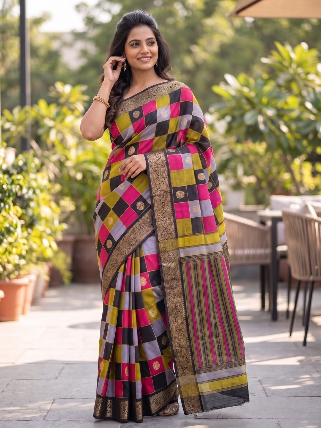 Peachmode Pink Marshmallow Self Jacquard Weaving Saree With Fancy Foil Print Multicolour Check Design - Image 4