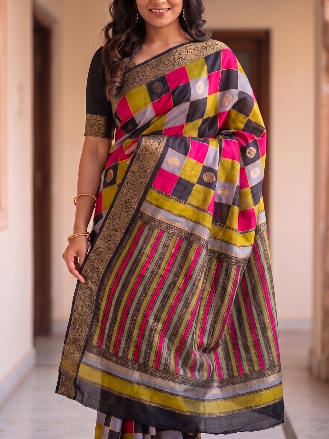 Peachmode Pink Marshmallow Self Jacquard Weaving Saree With Fancy Foil Print Multicolour Check Design - Image 5