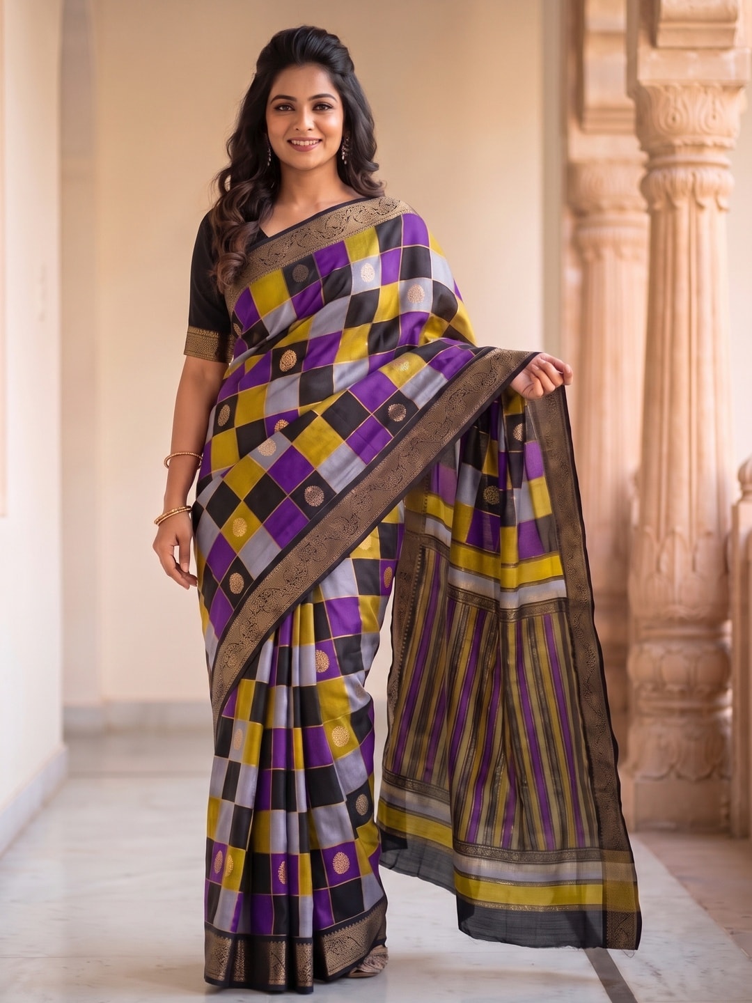 Peachmode Purple Marshmallow Self Jacquard Weaving Saree With Fancy Foil Print Multicolour Check Design - Image 1