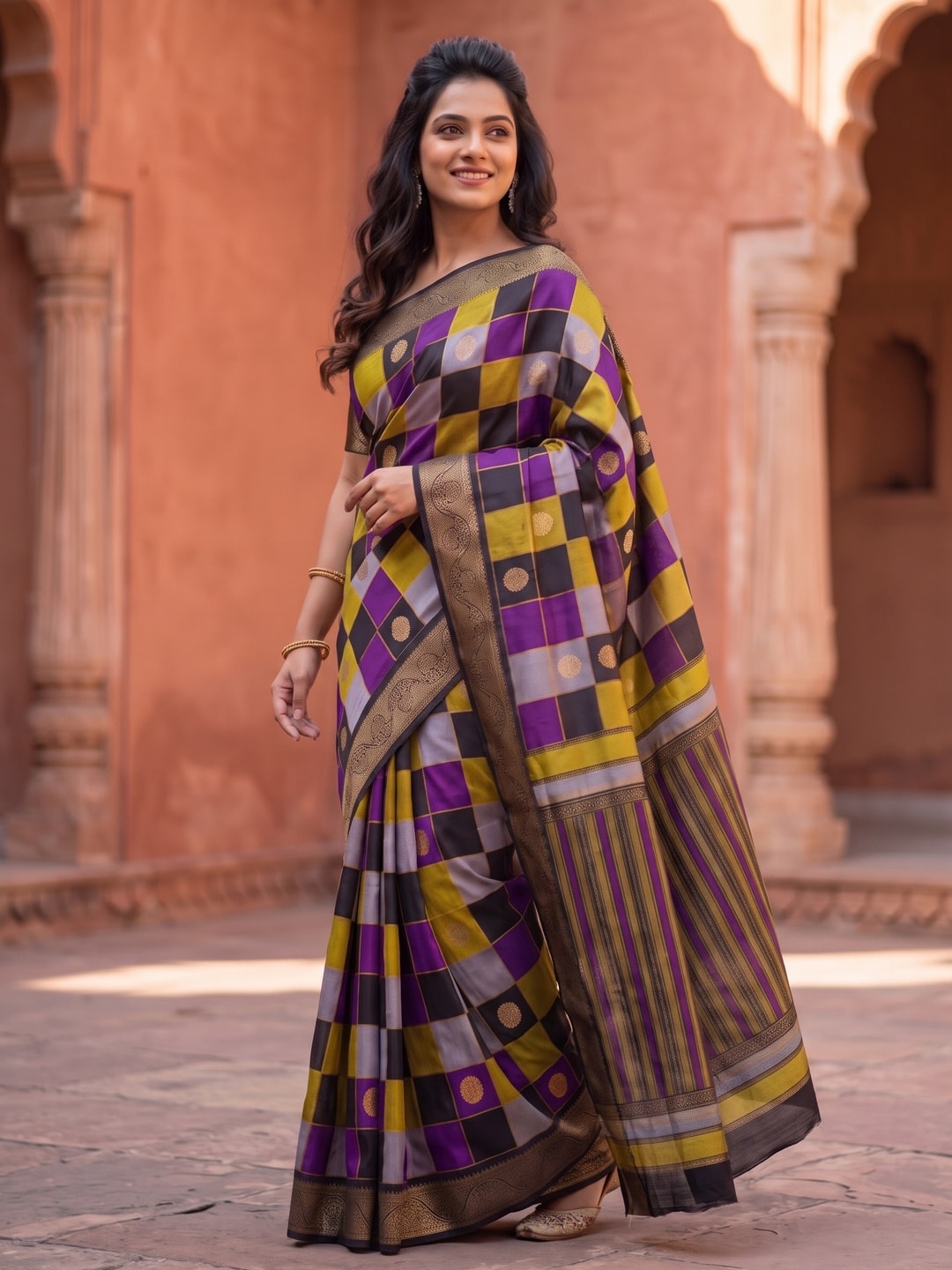 Peachmode Purple Marshmallow Self Jacquard Weaving Saree With Fancy Foil Print Multicolour Check Design - Image 3