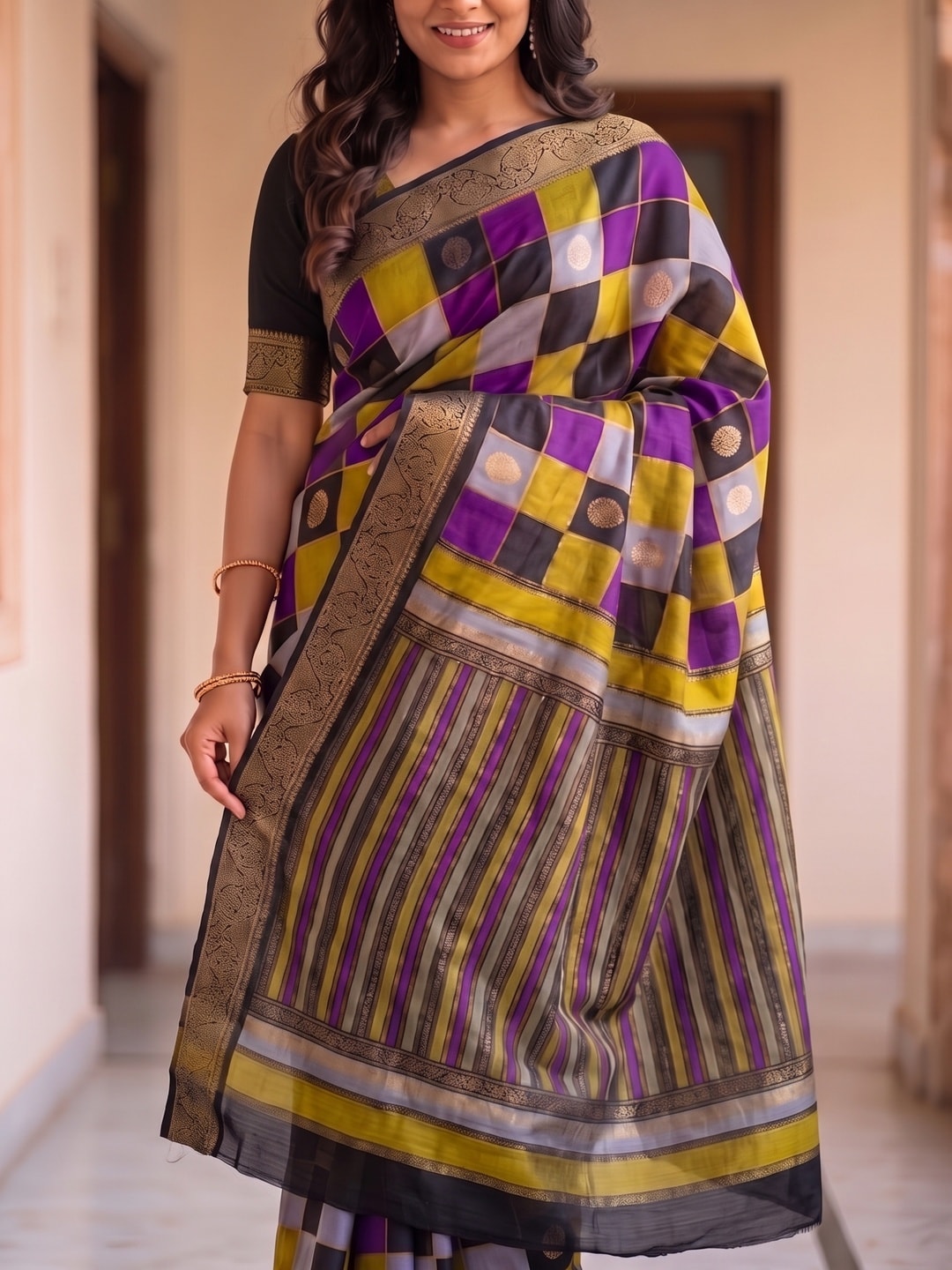 Peachmode Purple Marshmallow Self Jacquard Weaving Saree With Fancy Foil Print Multicolour Check Design - Image 5