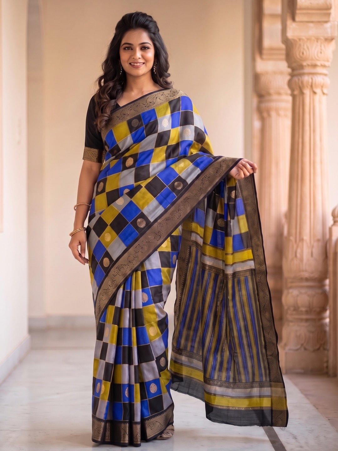 Peachmode Royal Blue Marshmallow Self Jacquard Weaving Saree With Fancy Foil Print Multicolour Check Design - Image 1