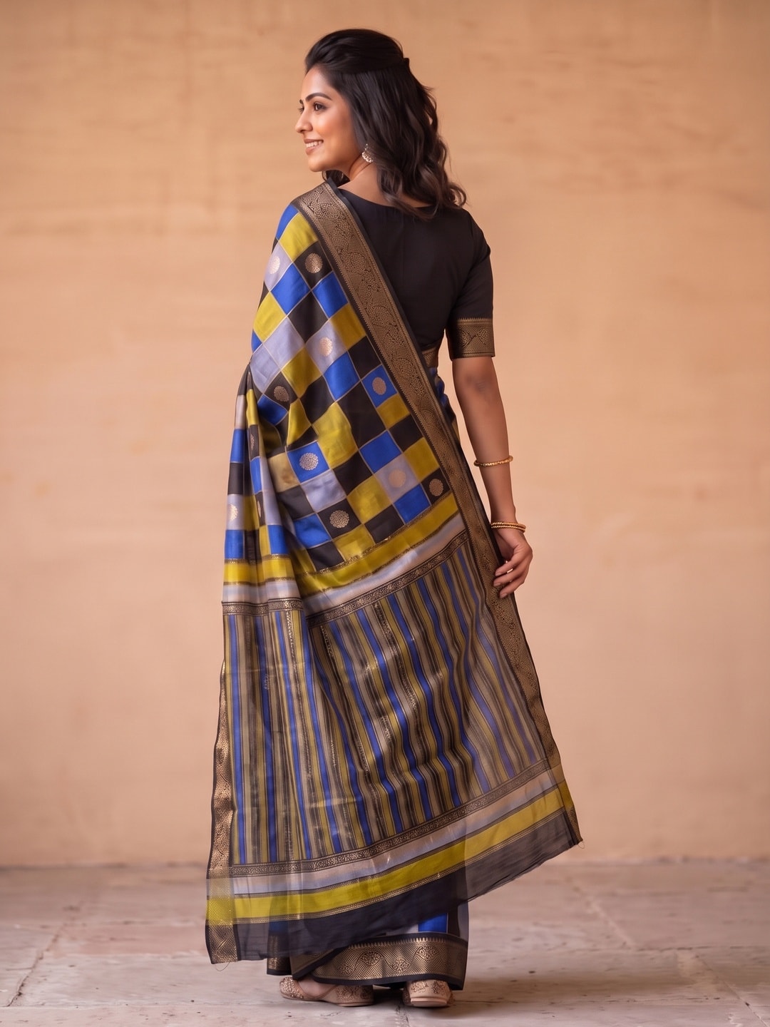 Peachmode Royal Blue Marshmallow Self Jacquard Weaving Saree With Fancy Foil Print Multicolour Check Design - Image 2