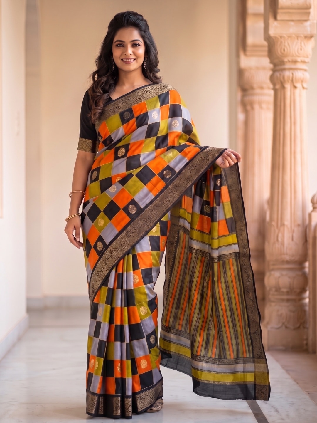 Peachmode Orange Marshmallow Self Jacquard Weaving Saree With Fancy Foil Print Multicolour Check Design - Image 1