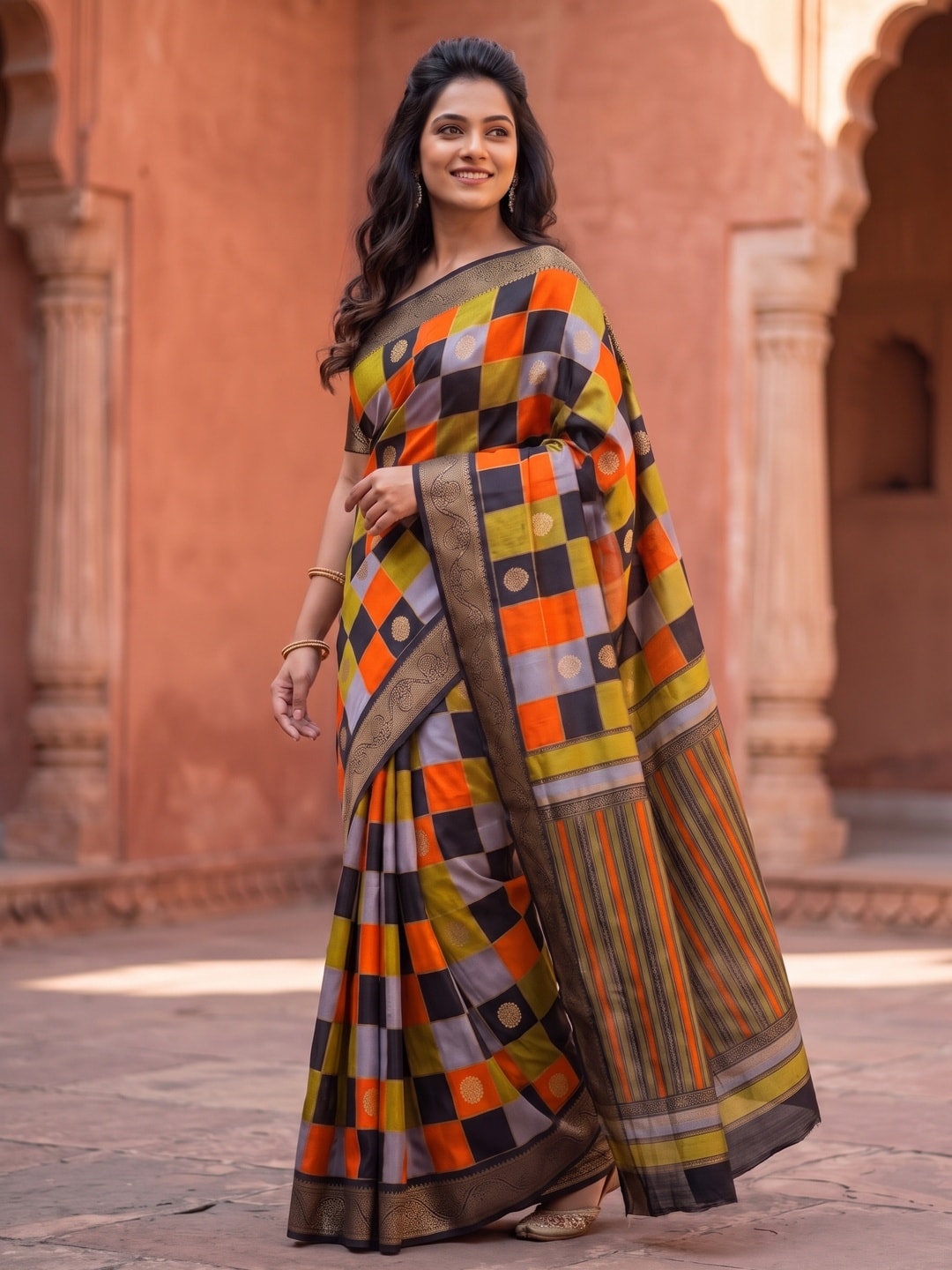 Peachmode Orange Marshmallow Self Jacquard Weaving Saree With Fancy Foil Print Multicolour Check Design - Image 3