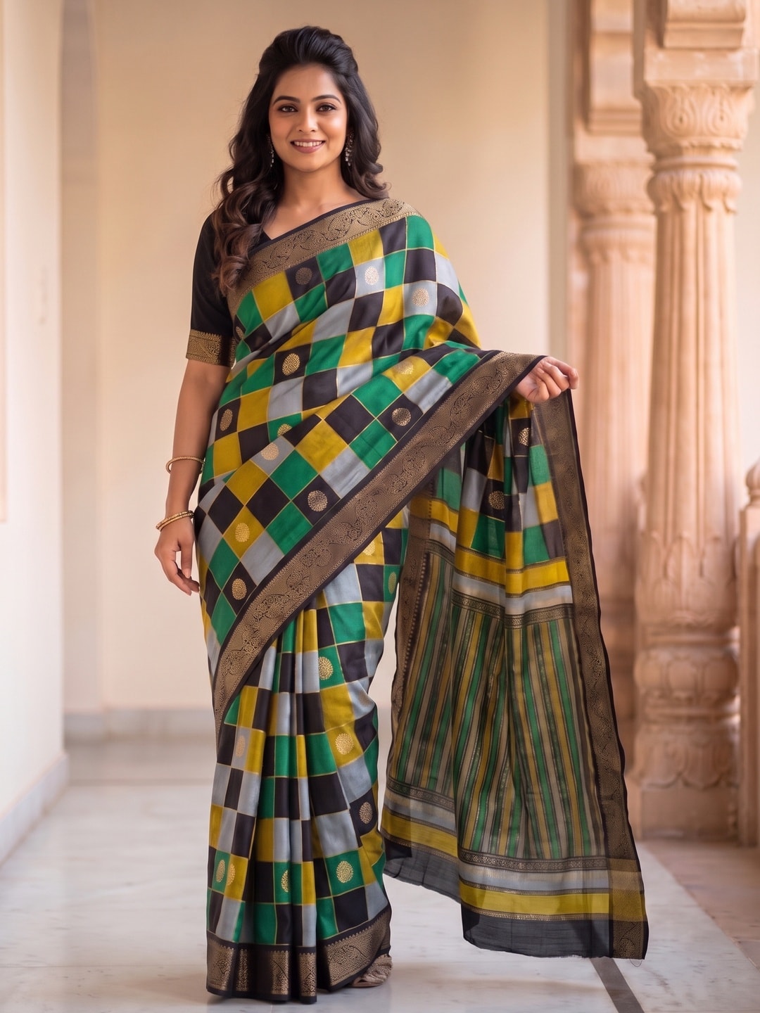 Peachmode Green Marshmallow Self Jacquard Weaving Saree With Fancy Foil Print Multicolour Check Design - Image 1