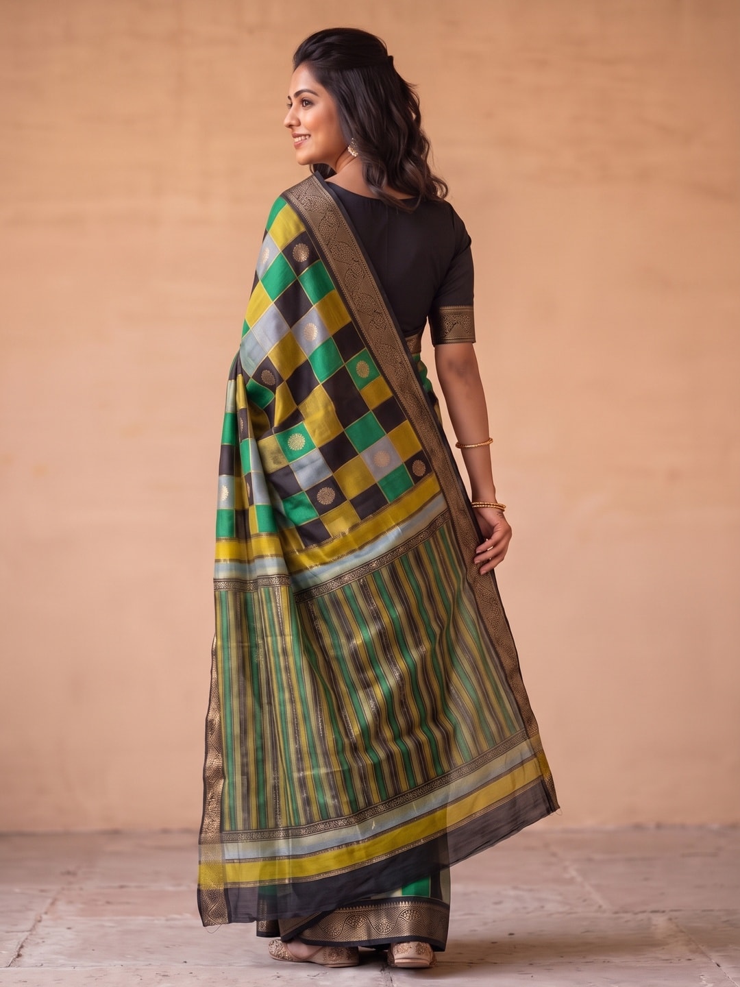 Peachmode Green Marshmallow Self Jacquard Weaving Saree With Fancy Foil Print Multicolour Check Design - Image 2